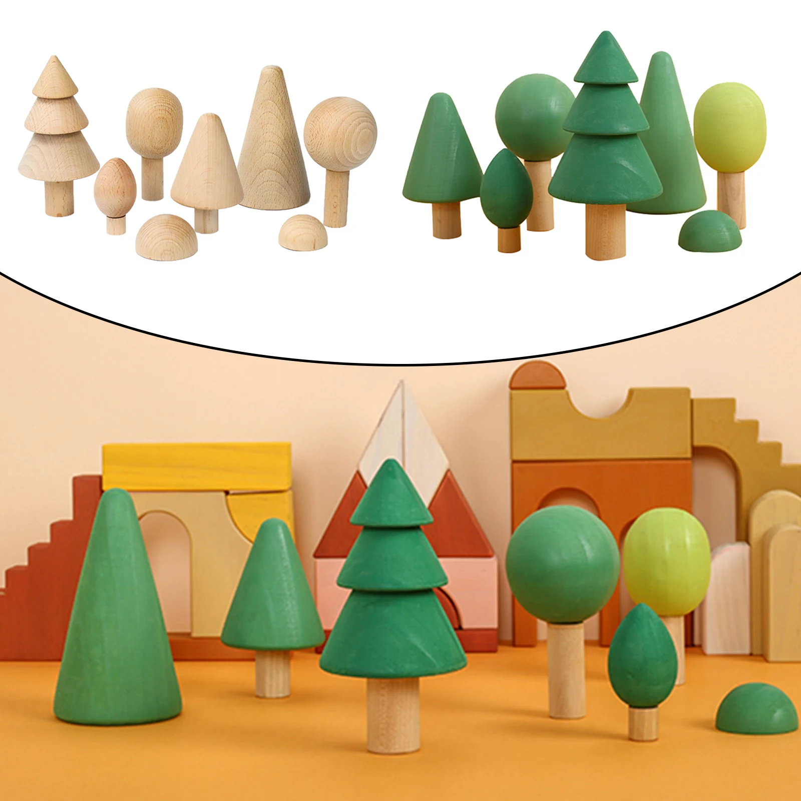 Solid Building Blocks Stacking Wooden Block Educational Toy Set for Toddlers, Tree Shapes