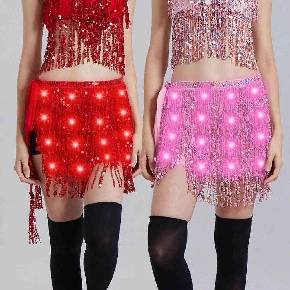 ベルト巻きベリーダンスヒップスカーフ光沢のあるレースアップLEDスパンコールタッセルスカートスターフリンジナイトクラブライトアップヒップスカーフフェスティバル