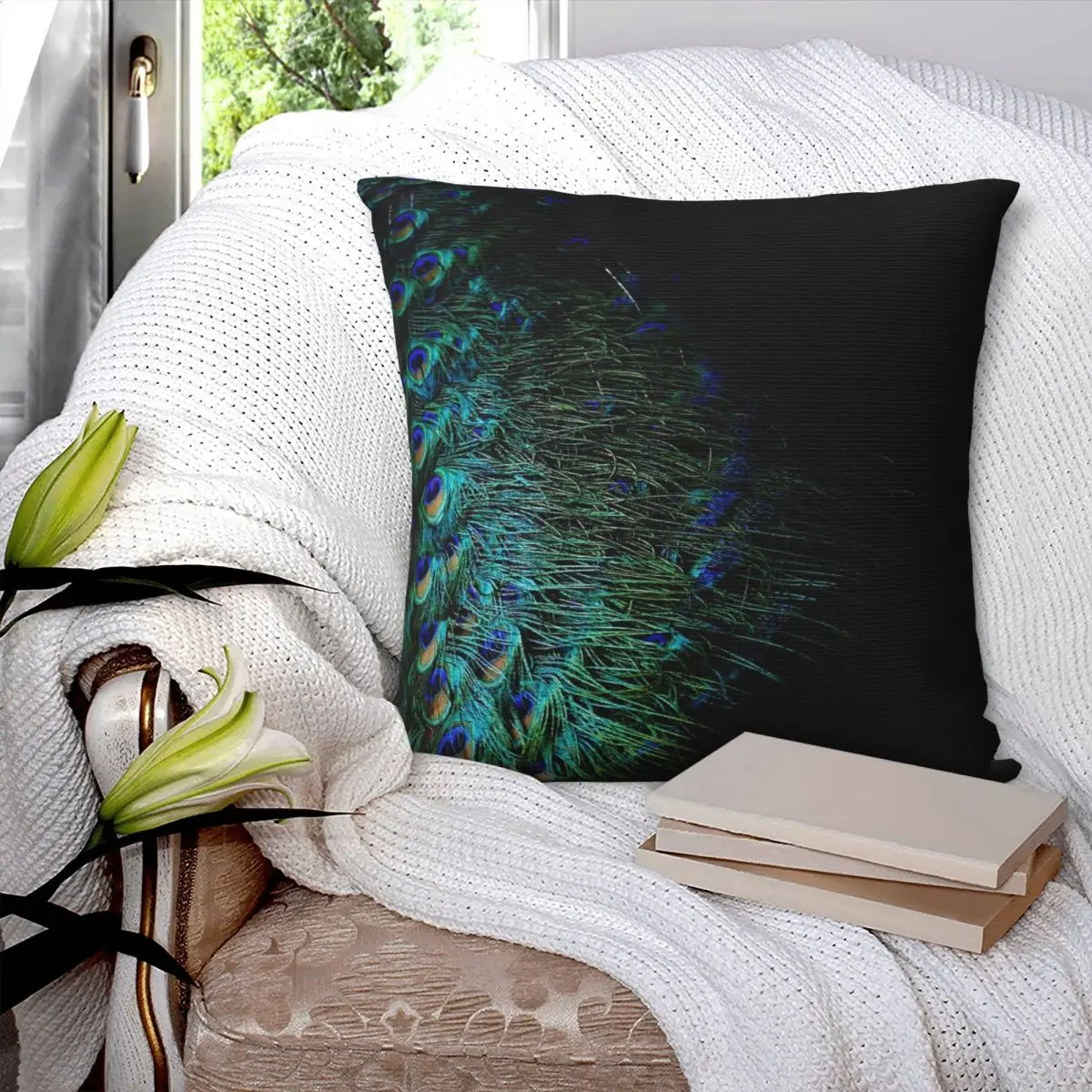 

Peacock Feathers On A Black Background Square Pillowcase Pillow Cover Cushion Zip Decorative Comfort Throw Pillow for Home Sofa