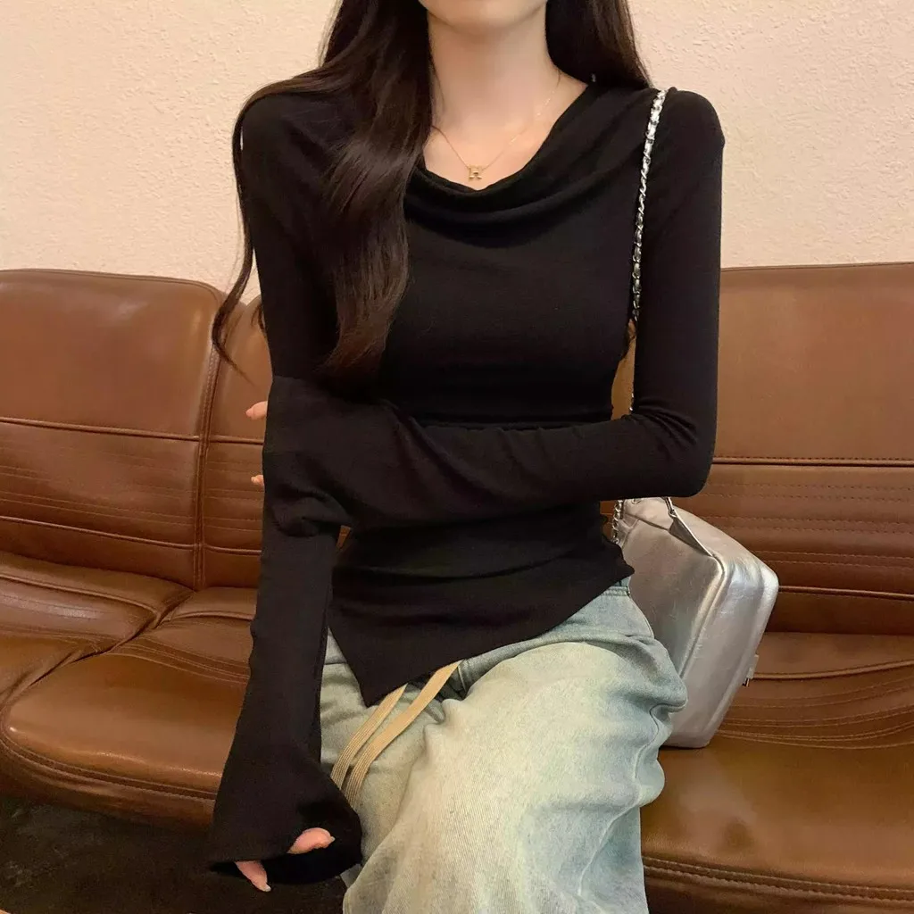Damen Slim Fit Langarm-Oberteil mit Wasserfallausschnitt, Schulterfreies Design, Unregelmäßiger Saum, Bodycon-T-Shirt, Lässige Y2K Streetwear Bluse – Detail 4