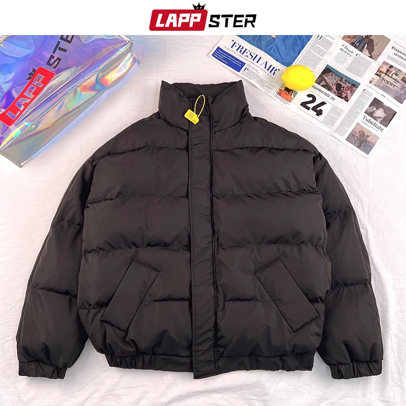 Lappster casaco de inverno à prova d\'água y2k sólido harajuku puffer jaqueta masculina oversized preto bolha casaco coreano moda com capuz parkas