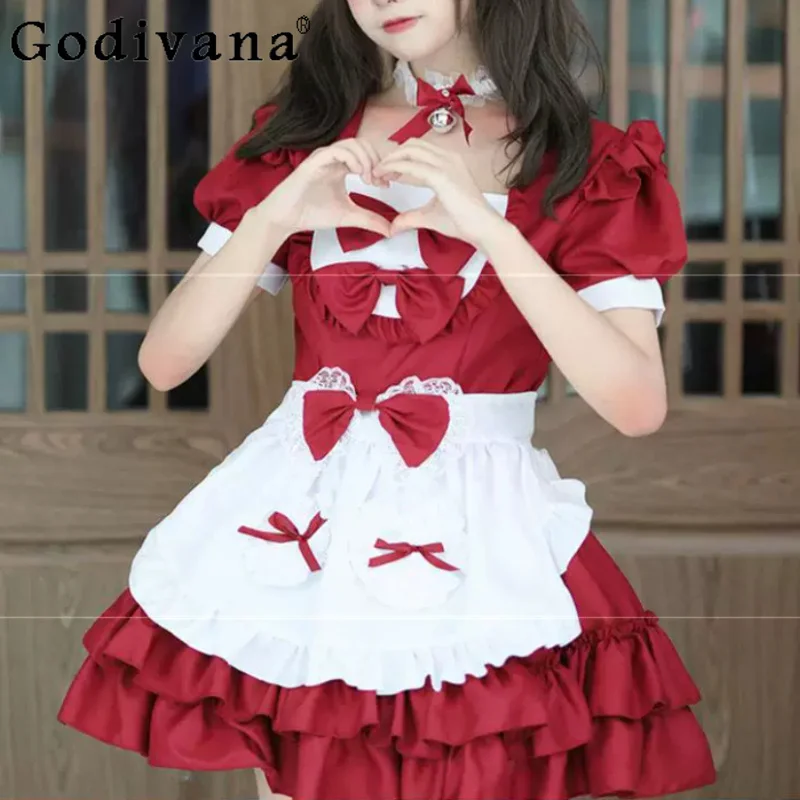 

Large Size Sweet Cosplay Japanese Square Collar Maid Dress Age-reducing High Waist A-line Fashion Short Sleeve Party Dresses