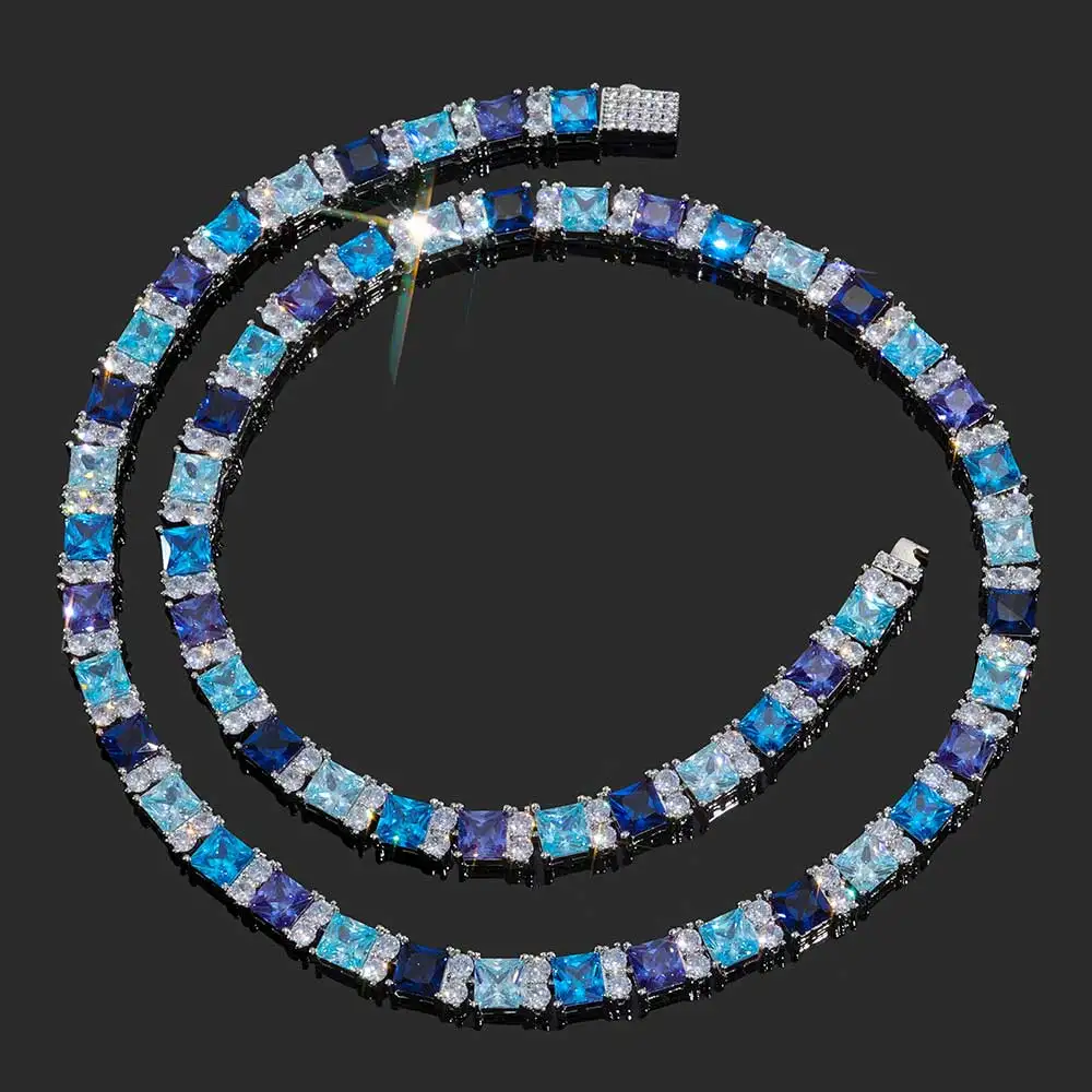 

Nuoya 7mm Iced Out Gemstone Blue Tennis Necklace Silver Plated Shiny Hip Hop Bling Chain Jewelry Piece Partys