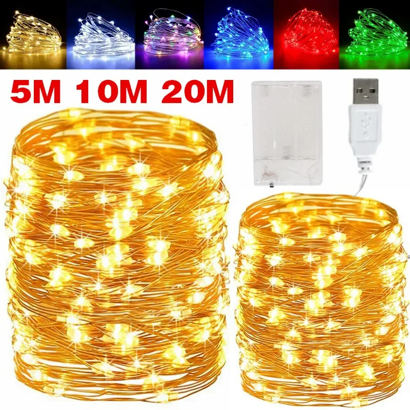 5M 10M Waterproof USB Battery LED Lights String Copper Wire Fairy Garland Light Lamp Christmas Wedding Party Holiday Lighting