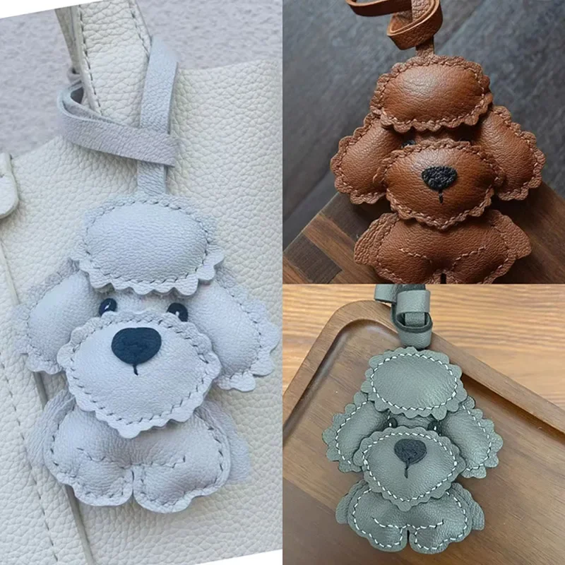 Teddy Dog Genuine Leather Handmade Bag Charm Pendant,Keychain Hanging Ornament,Handbag Purse Exquisite Decor,Keyring Accessories