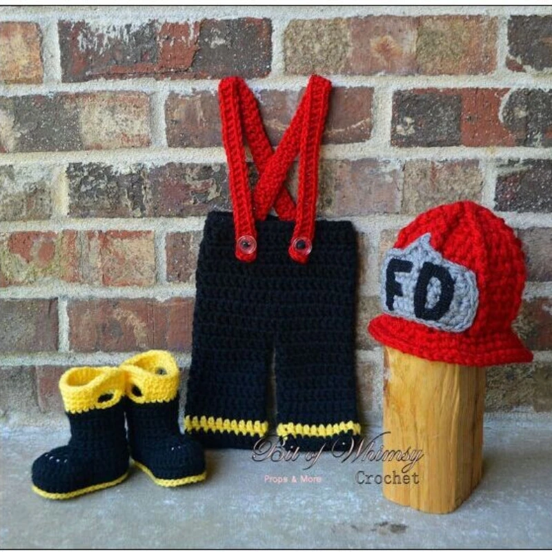 3 unids/set FD bombero bebé recién nacido fotografía accesorios Crochet hilo sombrero monos botas Crochet bebé disfraz niño niña traje