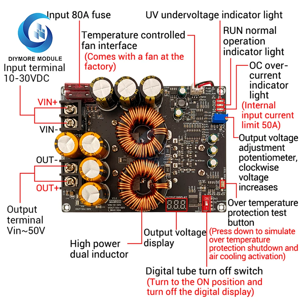 

Модуль повышающего источника питания 1200 Вт, 50 А, двойные индукторы, полномощный источник питания с низкой пульсацией для аудиоусилителя PW1200