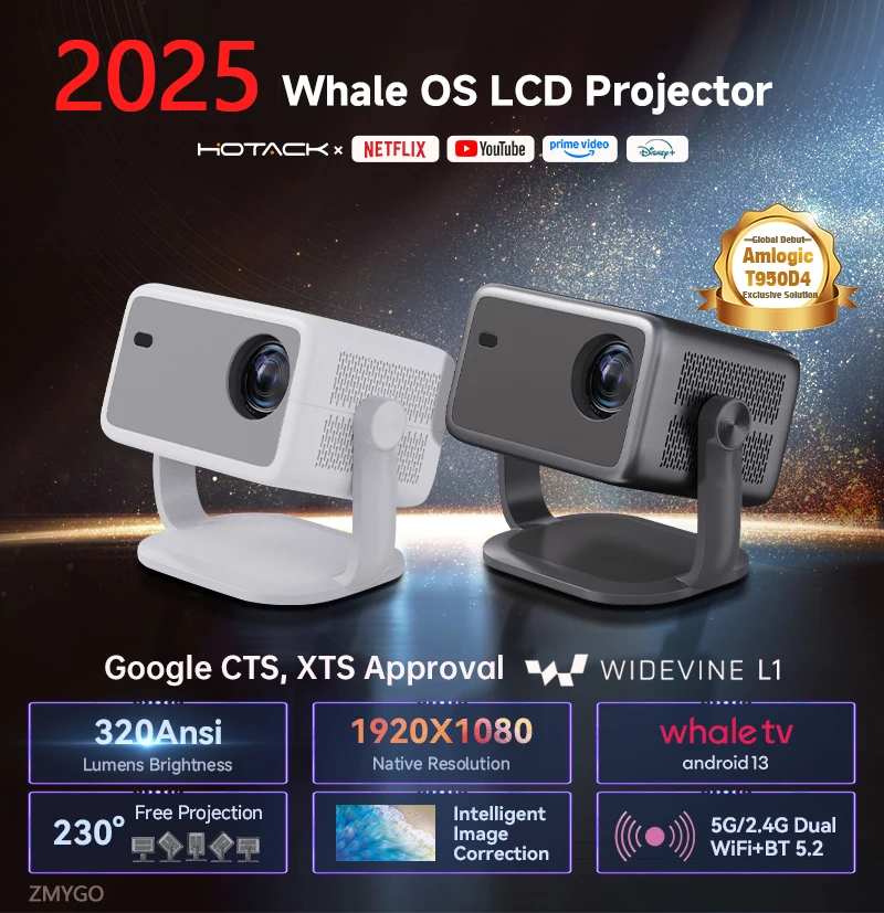 Android 13 Projector L018AA 4K Whale OS LCD Projector 320Ansi Lumens 1920X1080 Native Resolu Free 230° Intelligent Image Correct