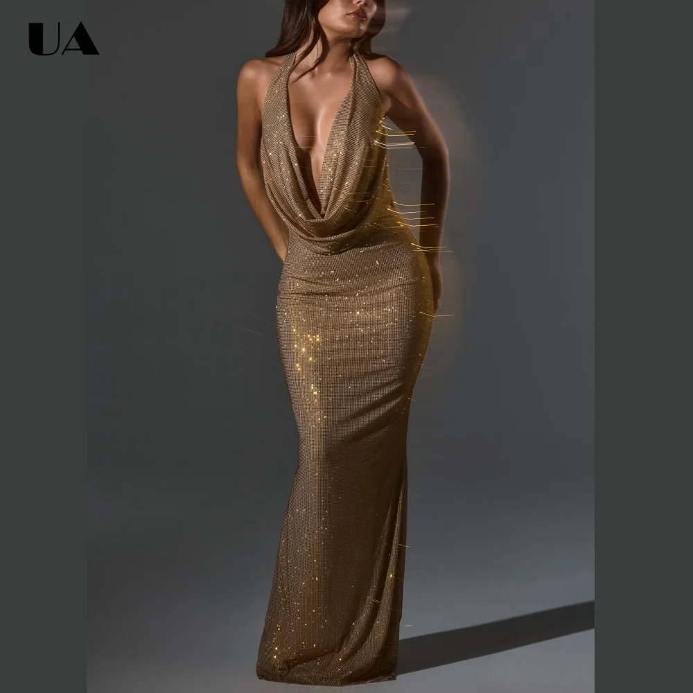 

ULBYANRY Glamarous Embellished Slim fit Prom Dress Sexy Backless Halter Evening Dress Customized Sleeveless Wedding Guest Dress