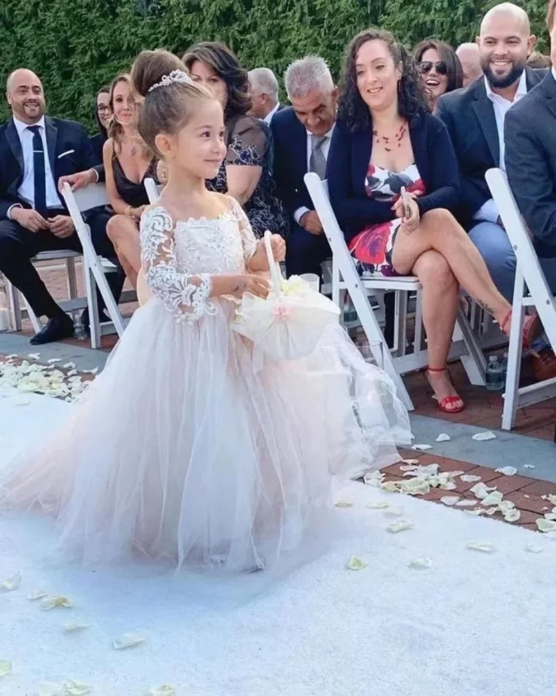 Vestido elegante de cumpleaños para niña, vestidos de flores color champán para boda, lazo, vestido de fiesta de princesa de encaje de manga larga