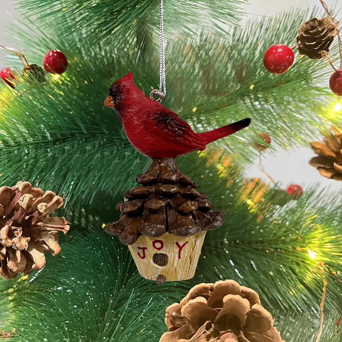 1pc, Red bird ornament standing on pine cones, resin, Christmas decoration, home decoration, Christmas tree decoration ornament