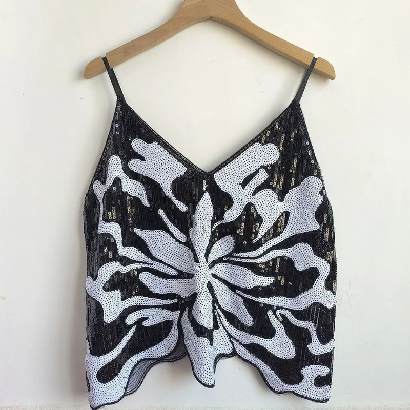 2025 Summer New Sequined Beads Explosion Suspender Sleeveless Vest Outer Wear Loose Niche Dopamine Style Camis Top