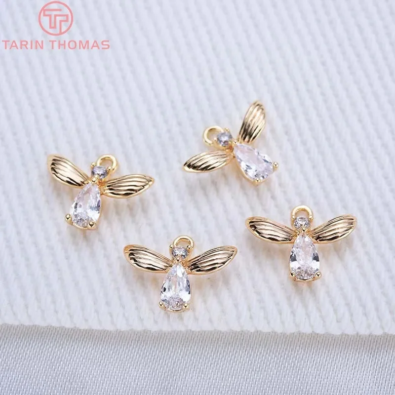 (1284)6PCS 11x9MM 24K Gold Color Plated Brass with Zircon Creative Insect Charms Pendants for Jewelry Making Findings Accessorie