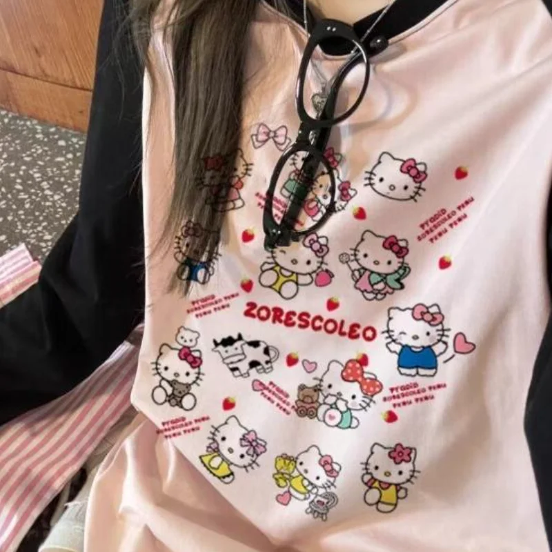 

Пуловер Sanrio Hello Kitty с длинными рукавами, женская футболка больших размеров, весенне-осенняя новинка, в японском стиле, свободного кроя, оверсайз, с цветовыми блоками
