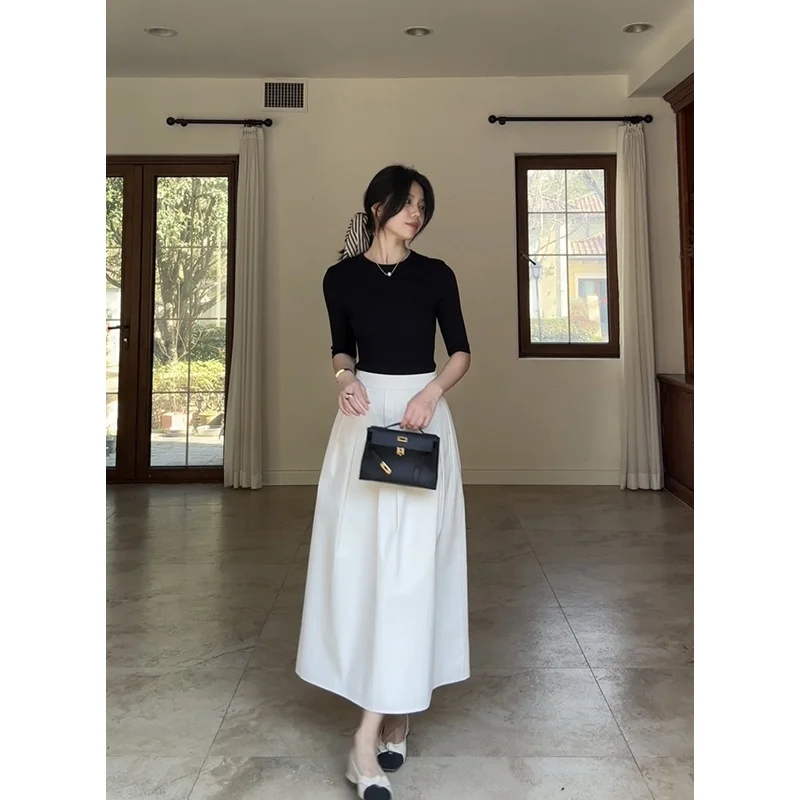 

Ele Knitted f Skirt Slimming T Top Silk Blend Midi Skirt Spring Faion Women's Ensemble mid Sve Casual Wear