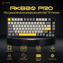 Ajazz AK820 Pro Gaming Mechanical Keyboard 75% Bluetooth/ Wireless Customized Gamer Keyboard with TFT Color Screen Knob for PC