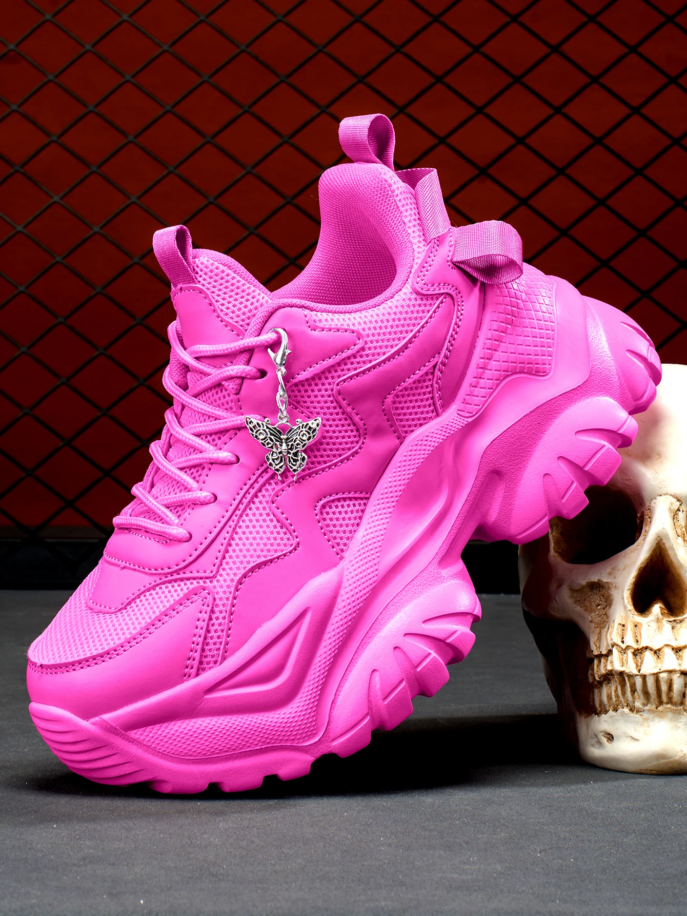 Women's Height-Increasing 7cm Fashion Casual Sneakers with Punk-Style 3D DIY Detachable Metal Silver Butterfly Decoration Chain Shoe Accessories, Women's Sneakers for Outdoor Use in All Seasons, Eva Thick-Soled High Platform Pink High-Heeled Shoes, Lightweight Soft-Soled Shock-Absorbing Non-Slip Running Shoes, Round-Toe Easy-To-Wear Lace-Up Pink Large-Size Shoes for College Students, Teenagers, Campus Daily Wear, Home Dating, Fitness, Office Work Shoes, Women's Trendy Versatile Wedge Sneakers