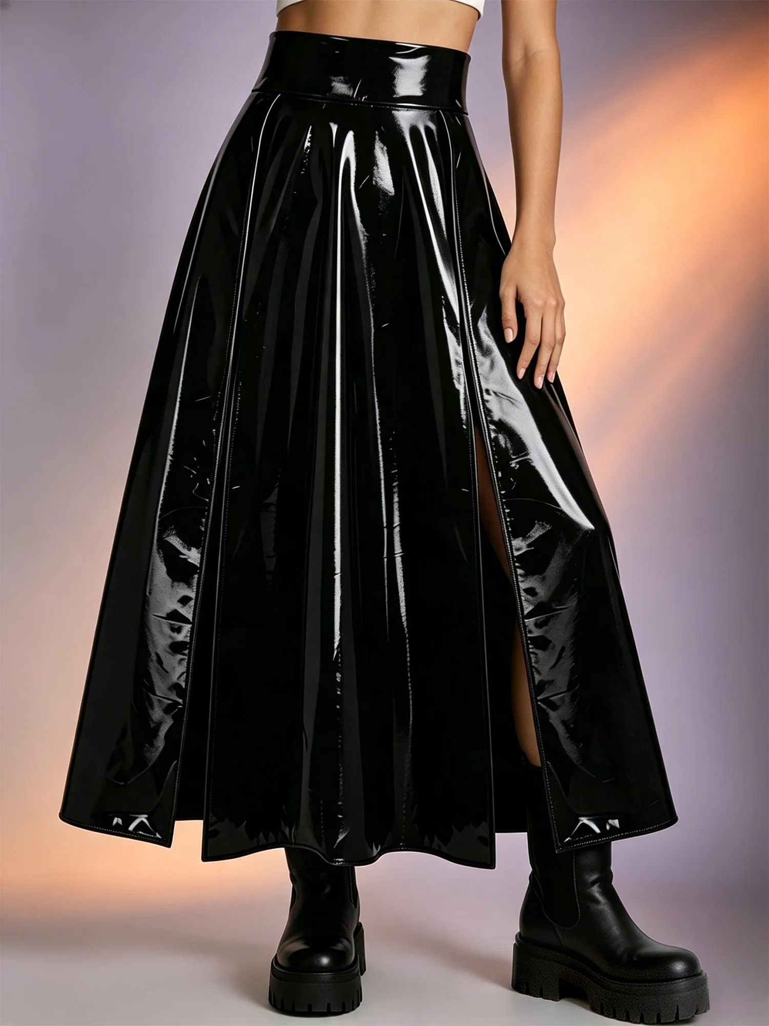 Womens Patent Leather Maxi Skirt High Waist Double High Slit Long A‑Line Latex Long Skirt Nightclub Party Performance Costume