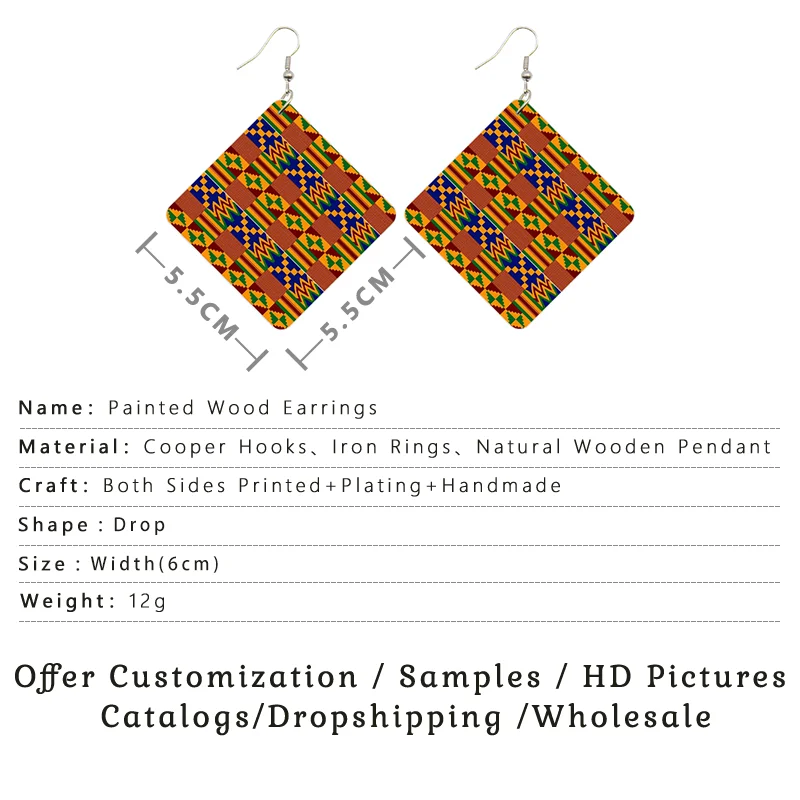 SOMESOOR African Ankara Fabric Design Print Wooden Drop Earrings Colorful Geometric Mosaic Afro Tribal Women Boho Dangle Jewelry