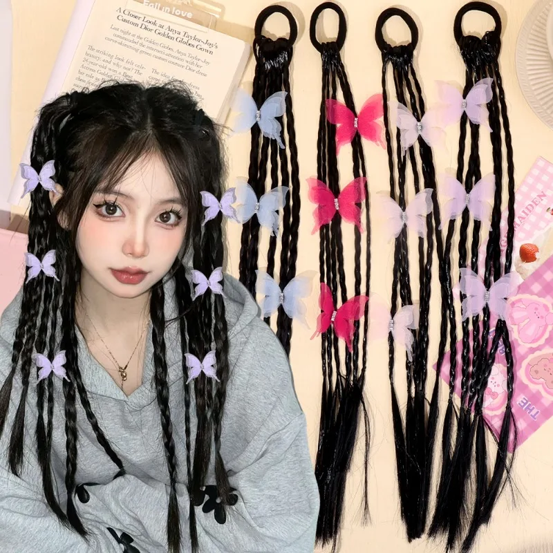 Wig Braid Hair Loop Bow Knot Hair Ornament Korean Sweet Cool Hair Tie High Ponytail Wig Piece Imitation Fried Dough Twists Braid