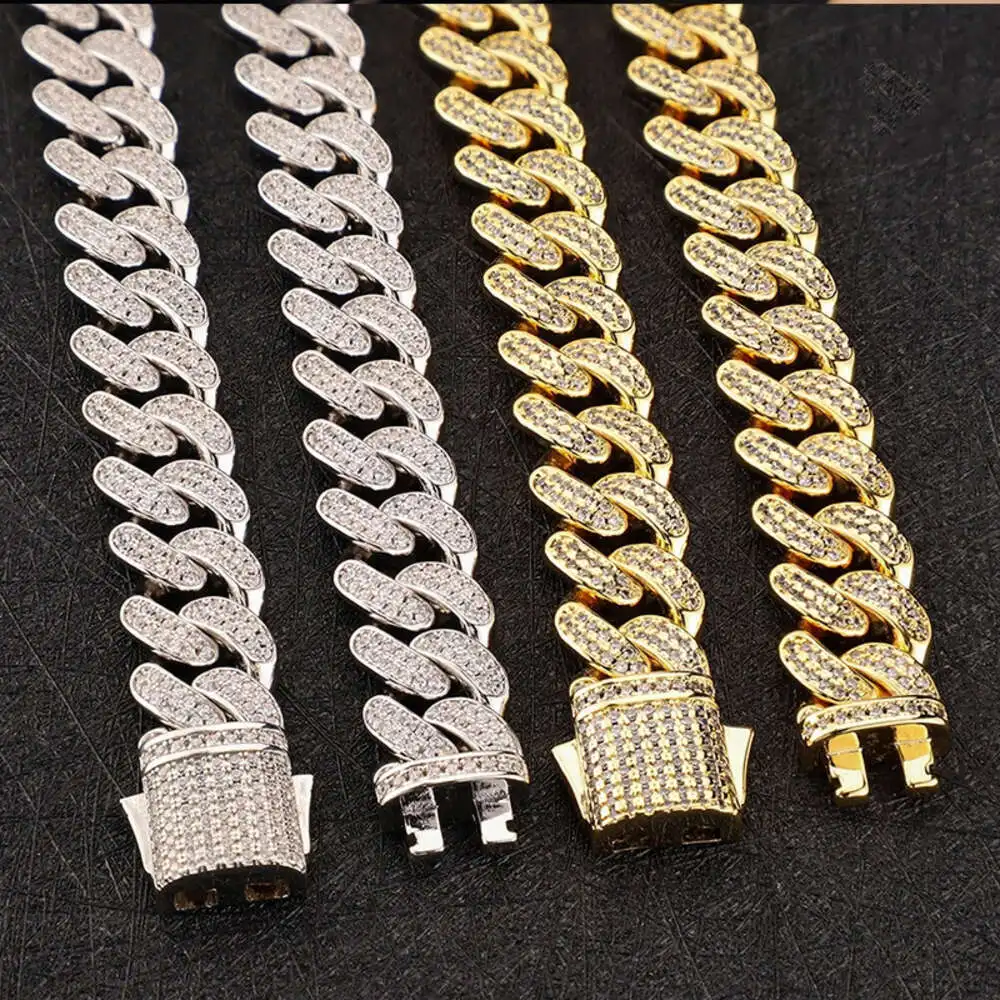 Factory Wholesale Bust Down Iced Out Zircon Moissanite Brass 12mm Hip Hop Cuban Link Chain Necklace for Men