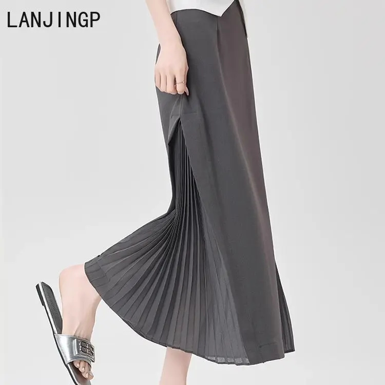 

Chiffon splicing gray high-end suit skirt women's summer thin pleated splicing design a-word long skirt