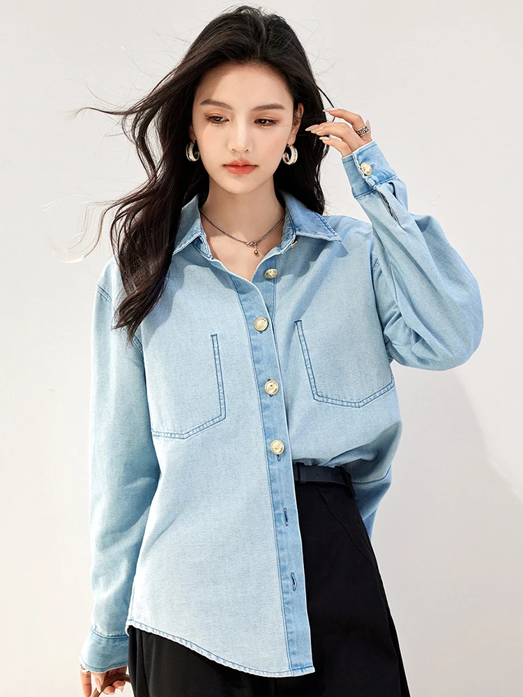 Autumn 2024 New Denim Shirts For Women Korean Style Long Sleeve Top Loose Retro Elegant Jean Blouses