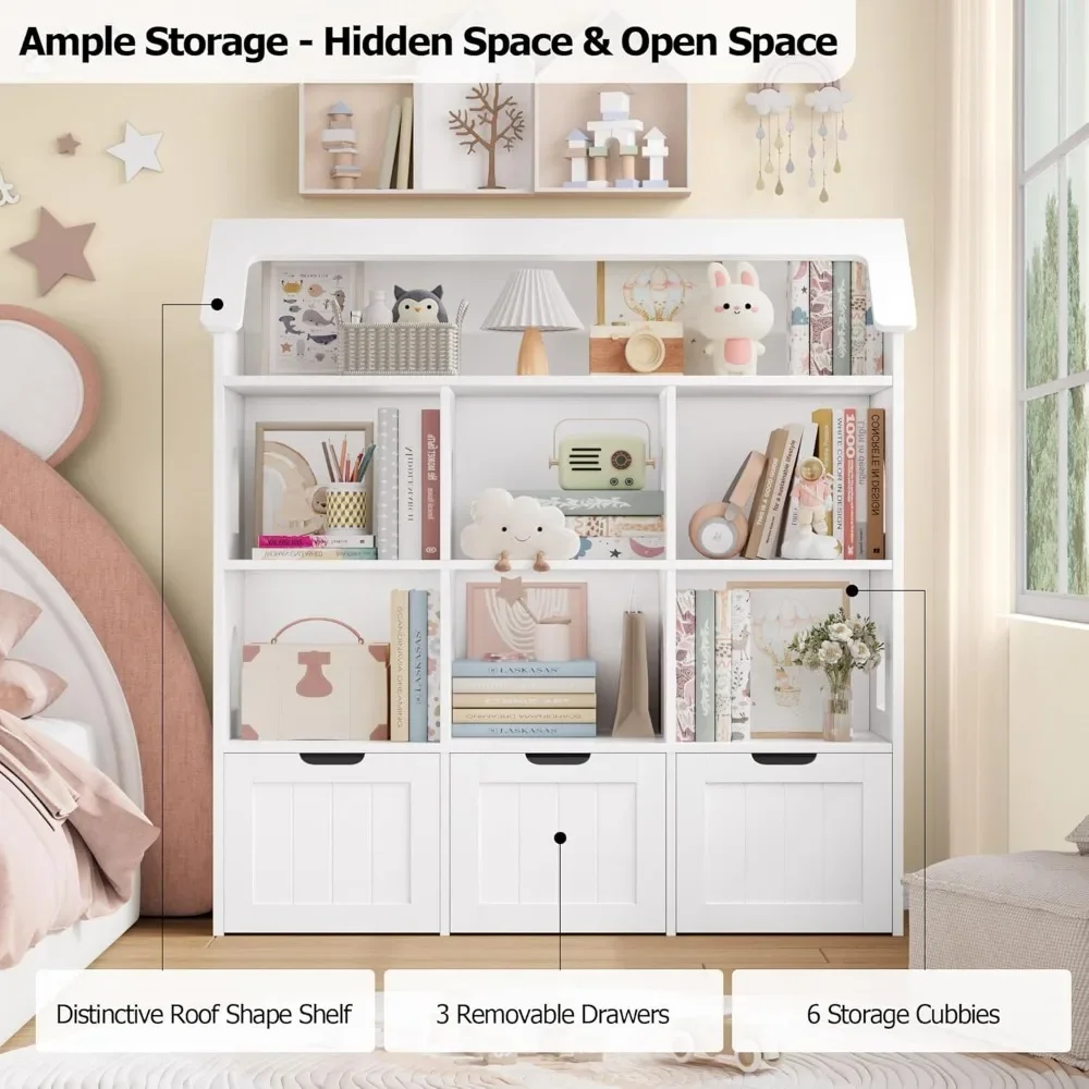 47.2'' Storage Organizer, Toy Organizers and Storage with 3 Movable Drawers and 6 Storage Cubbies, Kids Bookshelf Playroom