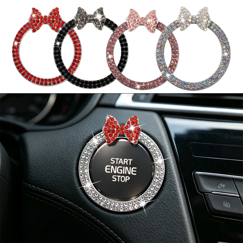 1PCS Universal Engine Start Stop Button Trim Sticker Crystal Rhinestone Butterfly Decorative Ring Car interior Accessories