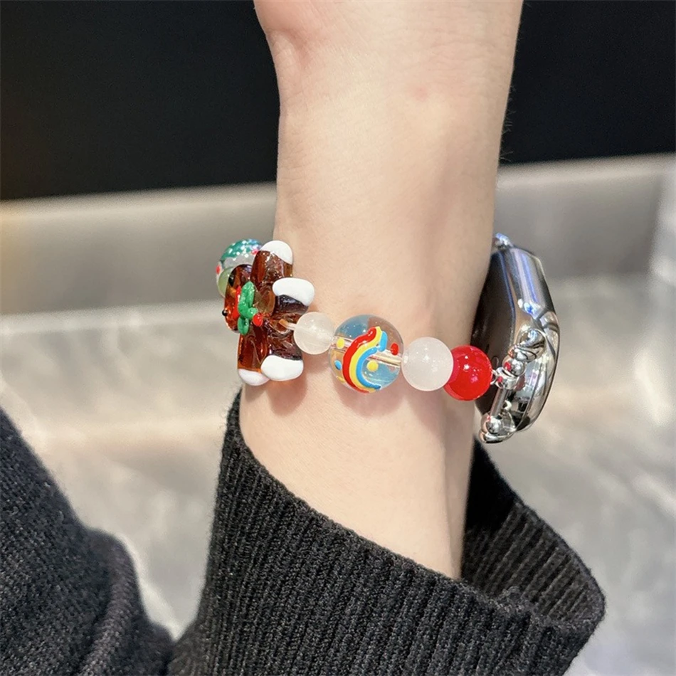 Рождественский ремешок для Xiaomi Mi Band 10 9 8 Pro Miband 9Pro 8 Pro Пряничный эластичный браслет из смолы с бисером, браслет для часов