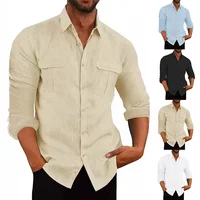 Nueva camisa de Material de lino y algodón para hombre, camisa informal transpirable de manga larga con dos bolsillos, Tops de Color sólido con solapa para hombre