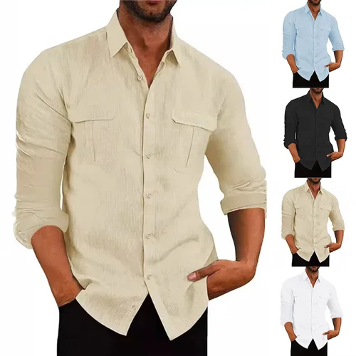 Nueva camisa de Material de lino y algodón para hombre, camisa informal transpirable de manga larga con dos bolsillos, Tops de Color sólido con solapa para hombre