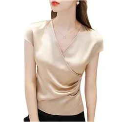 Artificial Silk Blouses fashion elegant office lady Chiffon Shirts Femme Blusas Pink Satin Tops blusen damen blusa sexi mujer
