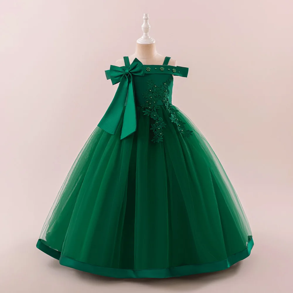 Off-shoulder Elegant Evening Dress Green Christmas Princess Dress Girls Party Dresses Bow Wedding Dress Children Birthday Gown