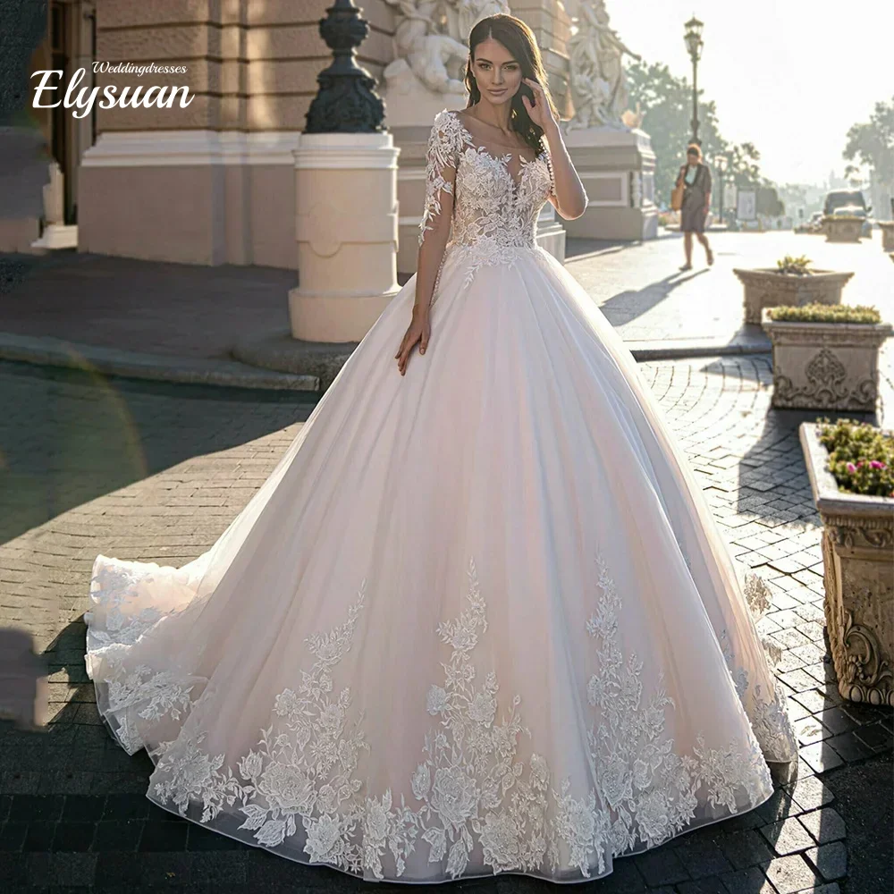 Personalizado elegante vestido de baile mangas compridas colher pescoço escova trem vestidos de casamento apliques vestidos de novia