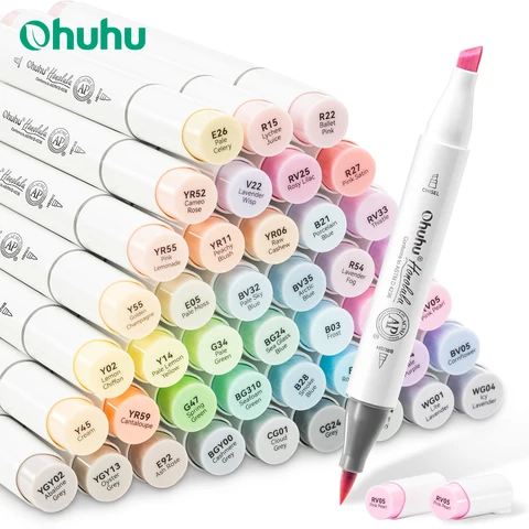 Ohuhu honolulu 48 cores pastel conjunto de canetas marcadoras álcool arte marcadores recarregáveis dicas duplas esboçar desenho material escolar arte