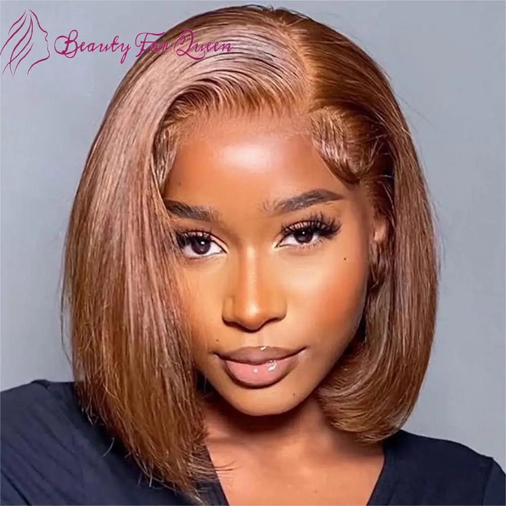 

Brazilian Colored Human Hair Wig Brown Straight Short Bob 200 Density 13x4 Transparent Lace Frontal Wigs For Women Pre Plucked