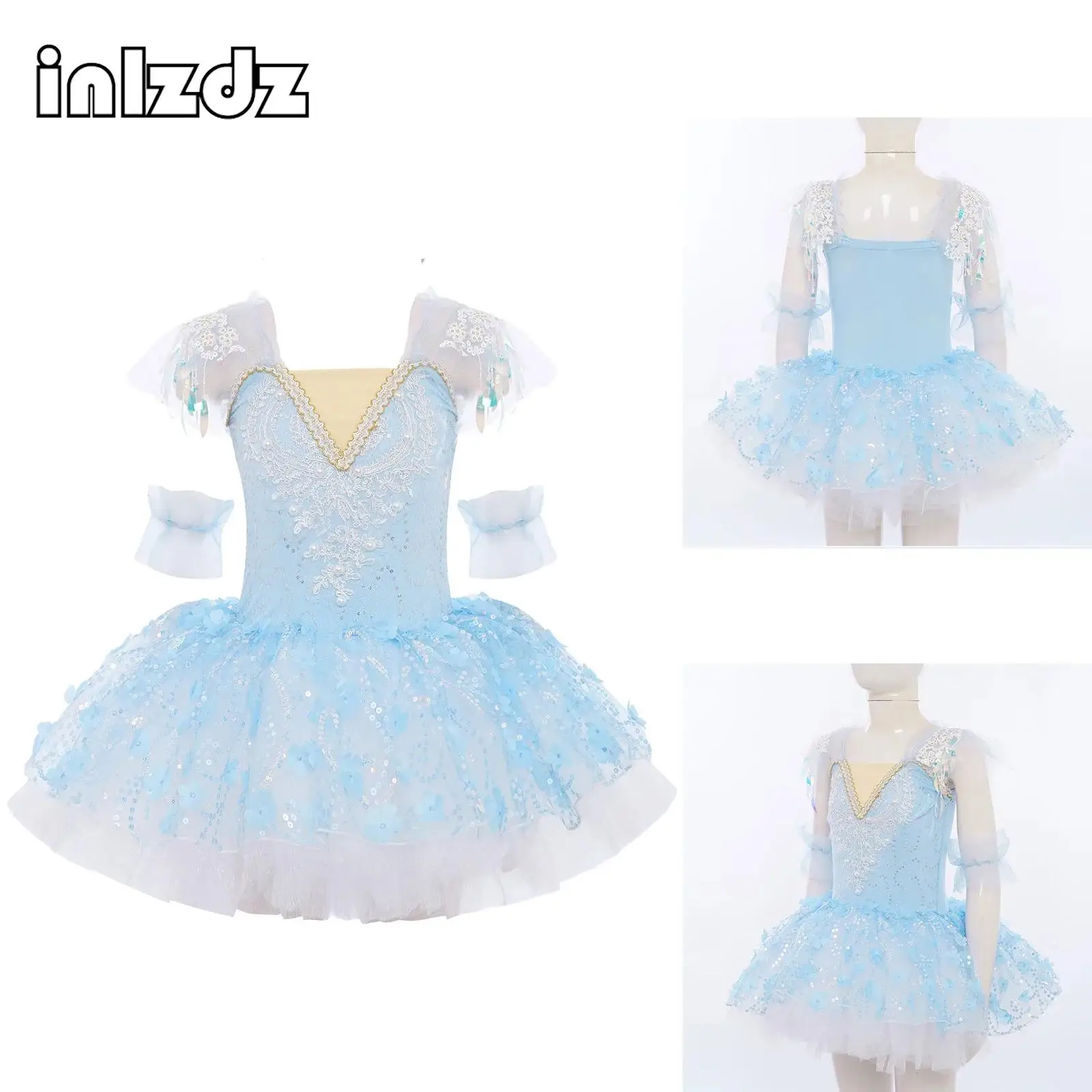 

Kids Girls Ballet Dance Performance Outfits Ruffled Sleeves Applique Bodice Sequins Floral Layered Tulle Tutu Dress+Cuffs Set