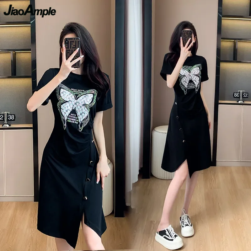 Women's Summer Fashion Heart Button Split Black Dress Korean Lady Casual O-Neck Butterfly Short Sleeve T Shirt Dresses 2024