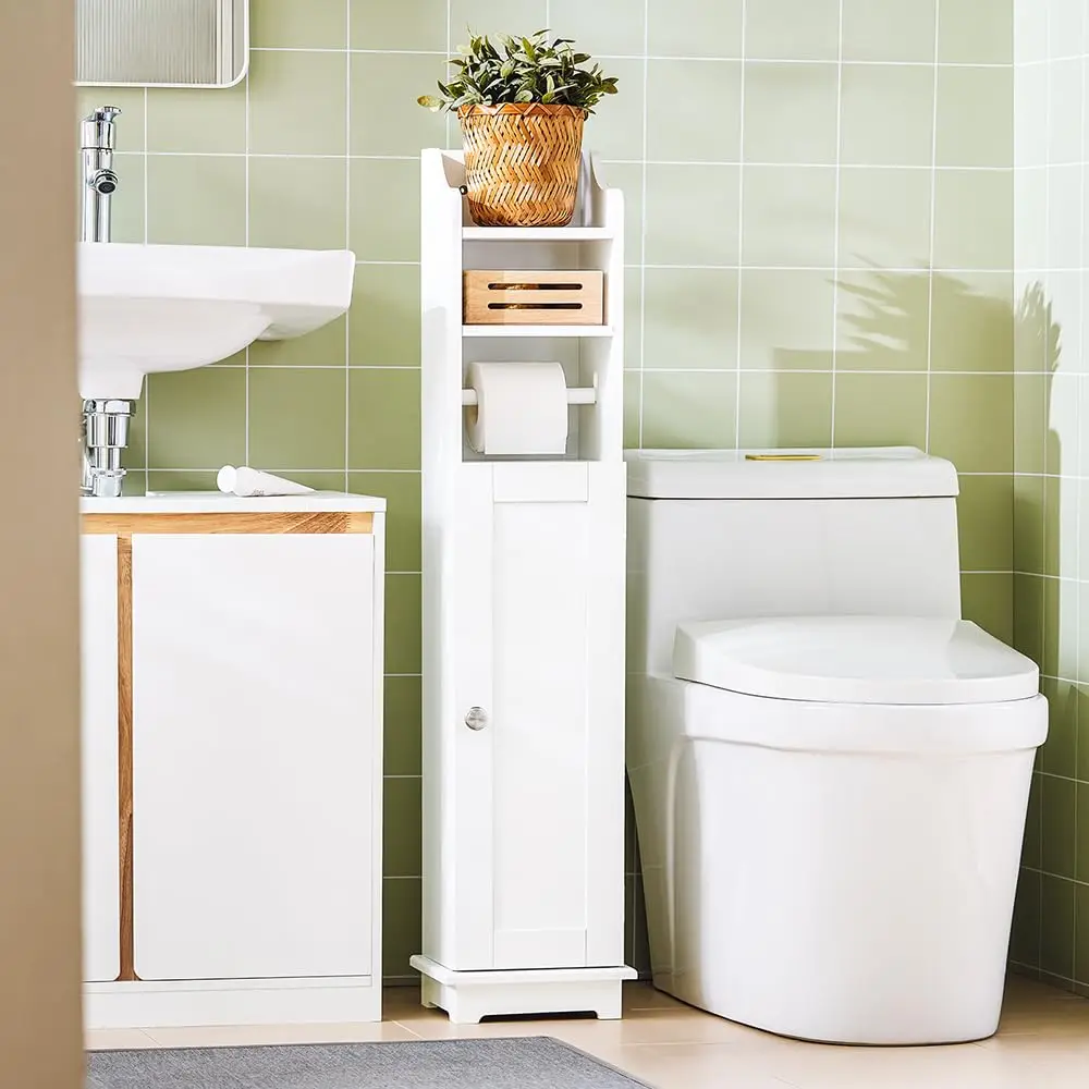 White Bathroom Storage Cabinet With Toilet Paper Holder, 7.8x9x39in Slim Unit For Small Restroom Space, Customized