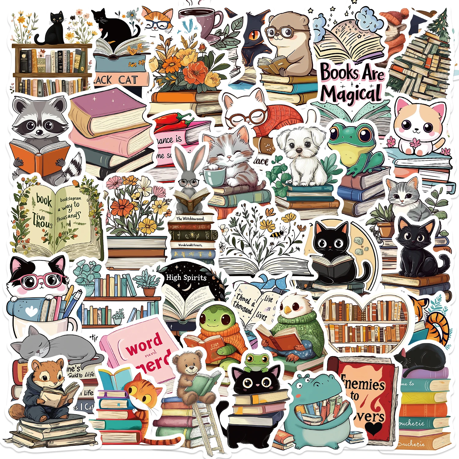 50pcs Cartoon Cute  Animal Reading Stickers Pack Phone Suitcase Computer Laptop Journaling Materials DIY Handmade Sticker