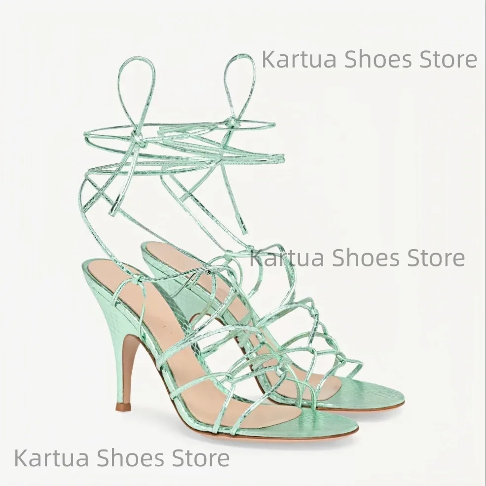 Women's Metallic Snake-Print Lace-Up Stiletto Heel Sandals Open-Toe Edgy Elegant Ankle Wraps Ladies Street Classic Dress Shoes