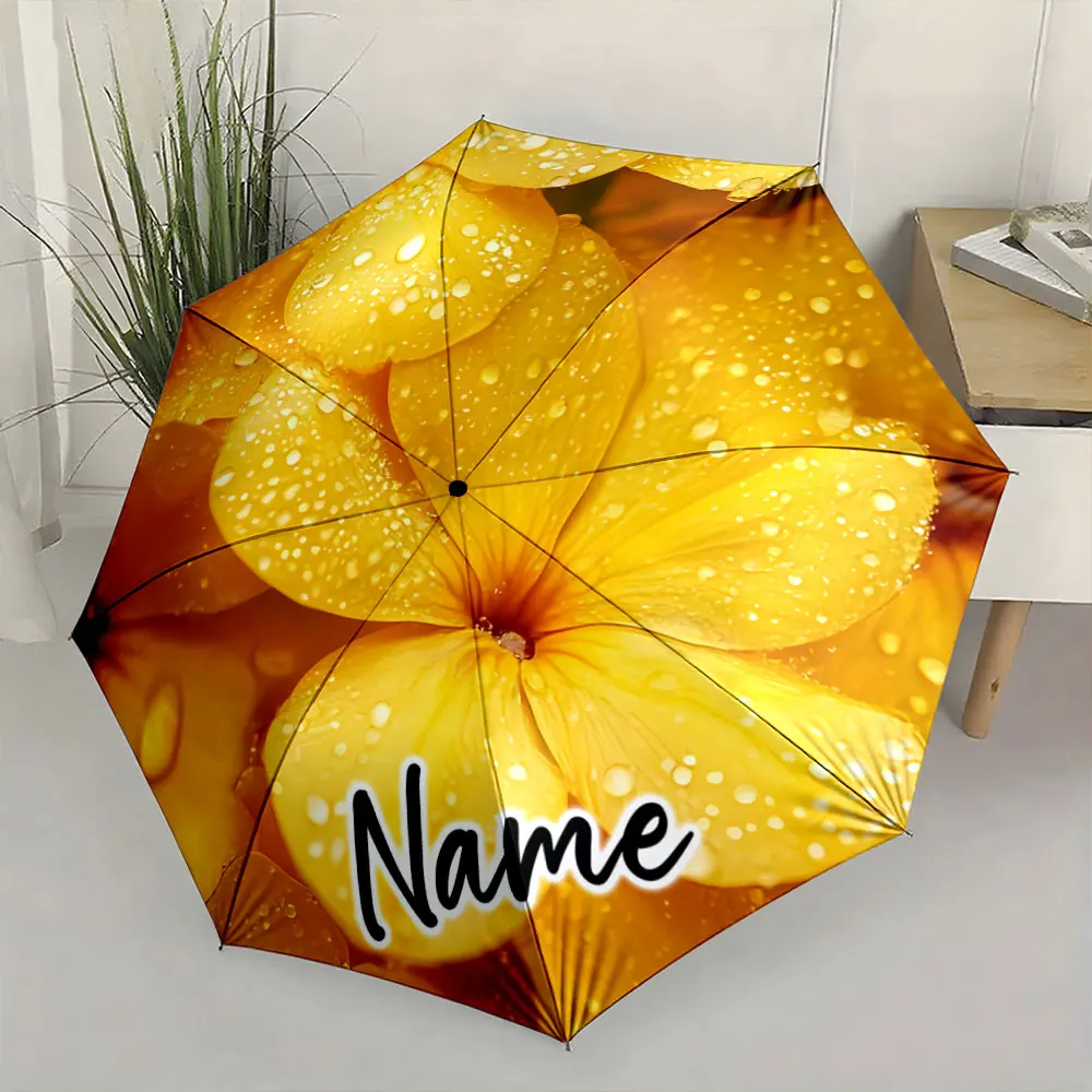 Custom Name  Golden Flower Umbrella with Dewdrop Design Print 8 Iron Ribs Folding Umbrella Auto-Open Fashion Sunshade