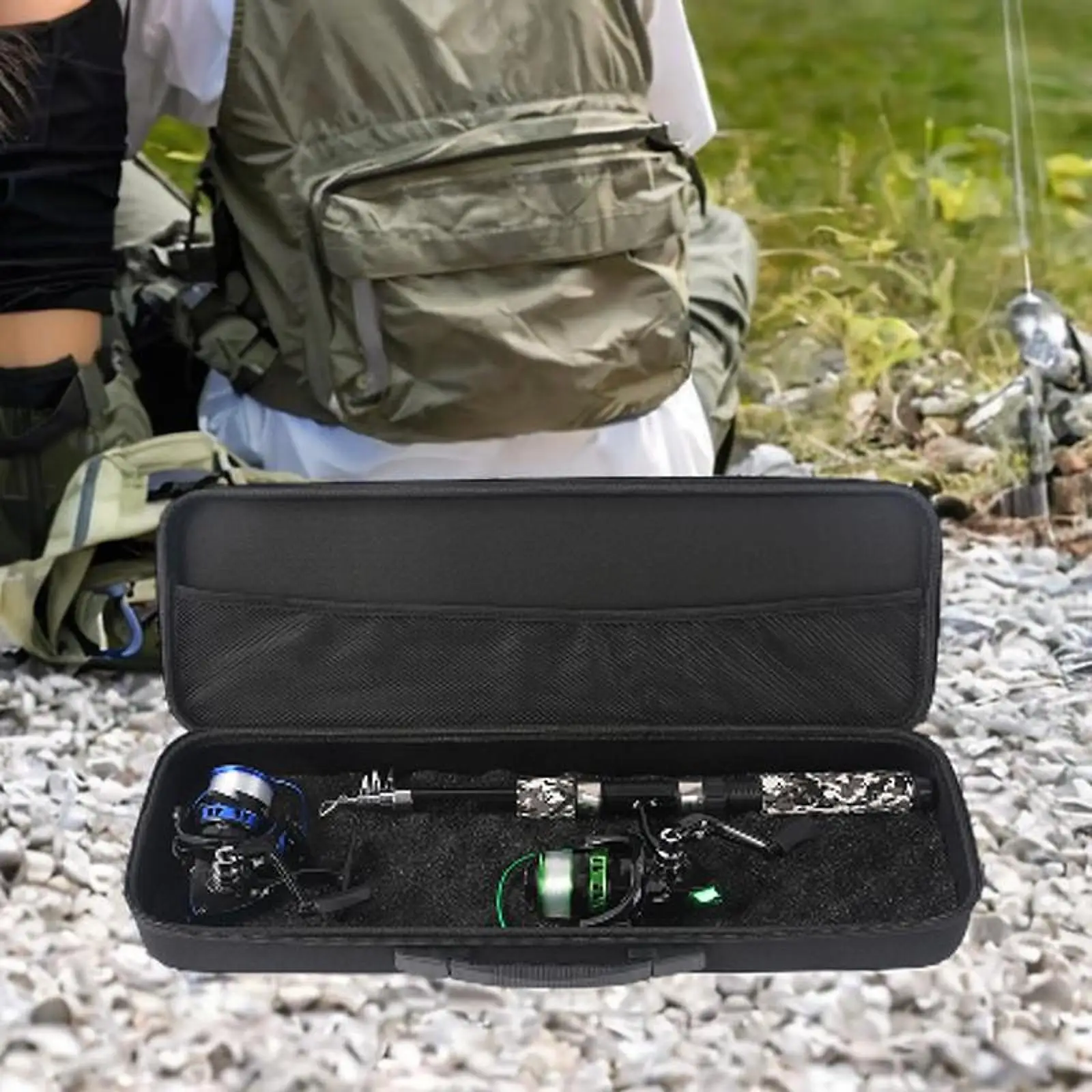 Fishing Rod Hard Case EVA Gear Organizer Water Resistant Tackle Storage Bag for Outdoor Travel Angling Equipment