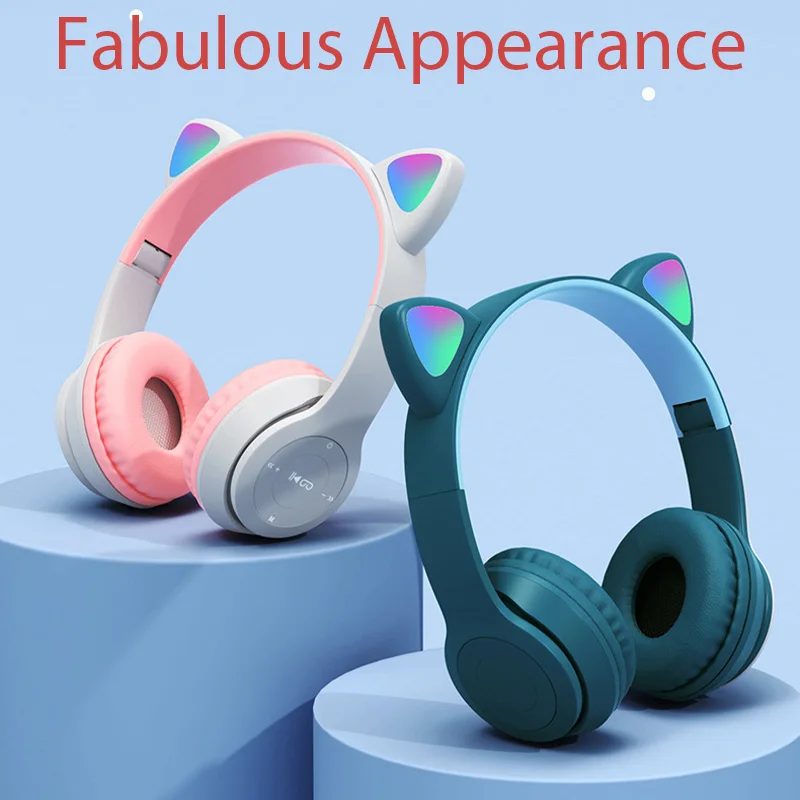 P47M Wireless Headphone Flash Light Cute Cat Ears Fone with Mic Control LED Stereo Music Helmet Phone Bluetooth Headset Gift