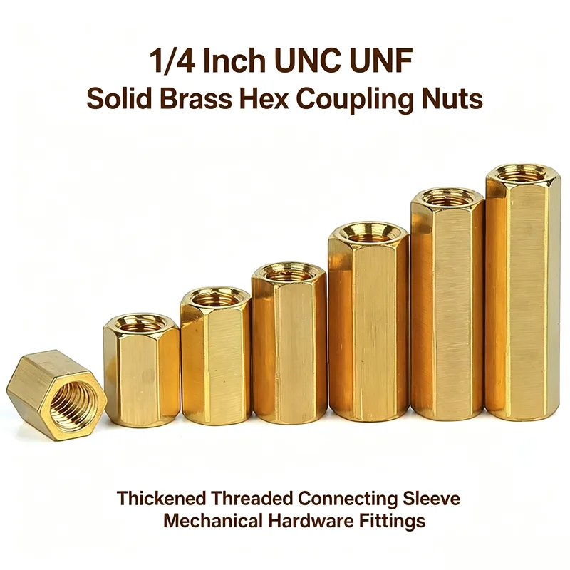 1/4 Inch UNC UNF Solid Brass Hex Coupling Nuts Thickened Threaded Connecting Sleeve Mechanical Hardware Fittings