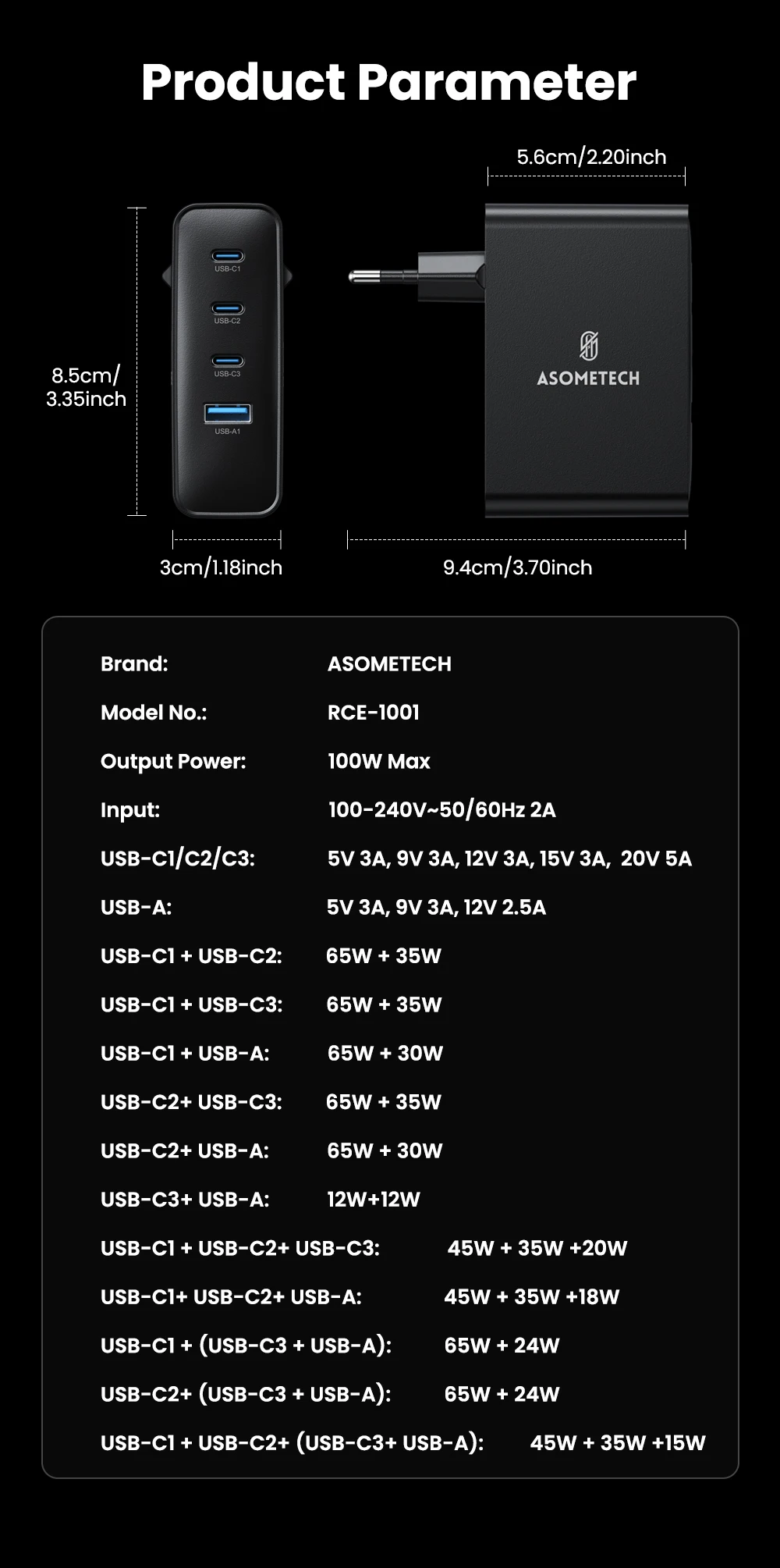 ASOMETECH 100 W USB-Ladegerät GaN-Ladegerät für MacBook Laptop Schnellladung für Samsung Xiaomi USB Typ C PD-Aufladung für iPhone 15 14 – Detail 16