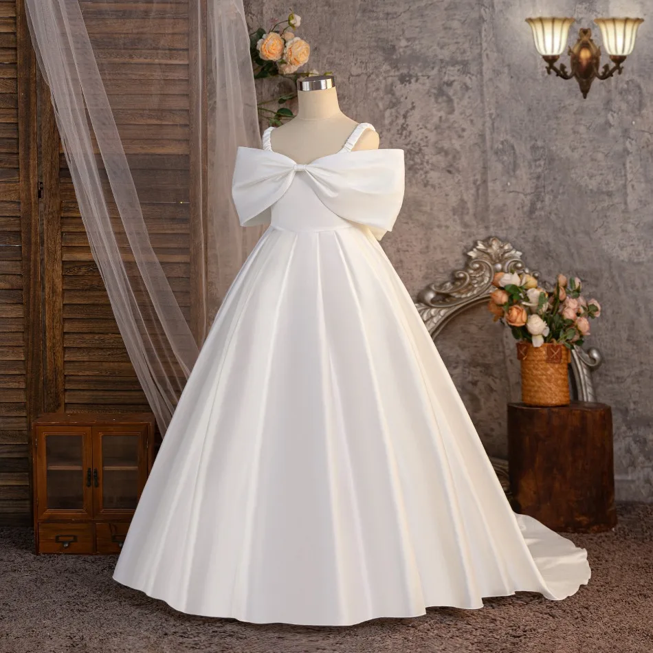 

Girls Big Bow Bridesmaid Dress Summer Trailing Wedding Princess Party Prom Dresses for Girl First Communion Evening Gown asq03