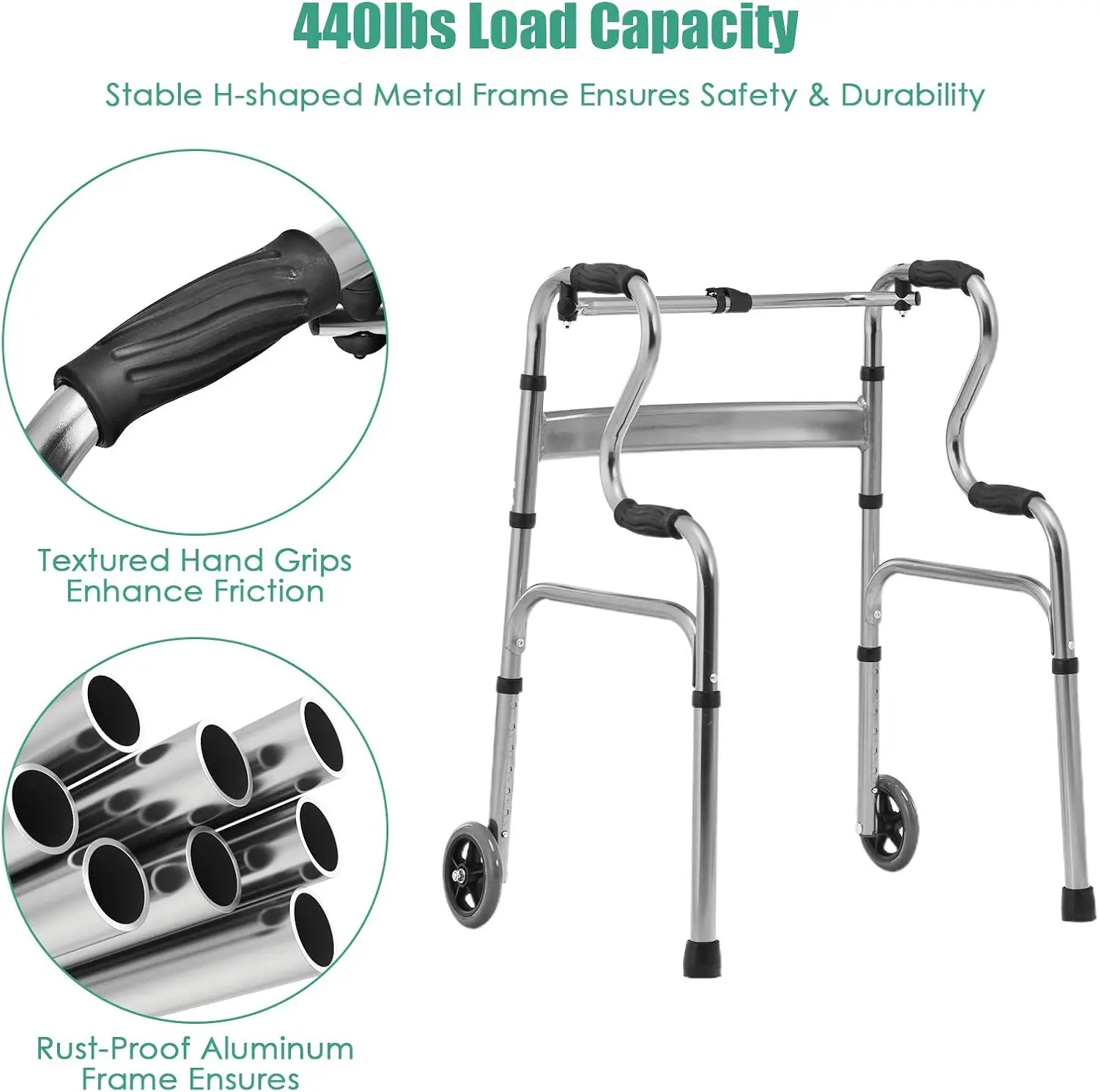 Stand-Assist Folding Walker, Heavy Duty, Walking Mobility Aid, suporta até 440lbs, WC ferroviário, 3 em 1, 5 "rodas, pode ser usado