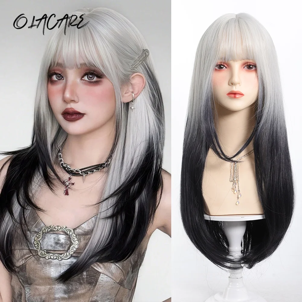 OLACARE Ombre Gray White Black Long Straight Synthetic Wigs with Bangs Cosplay Wig for Women High Temperature Natural Fake Hair